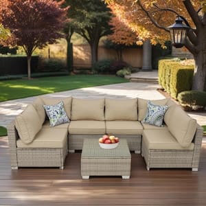 Outdoor Grey 7-Piece Wicker Patio Conversation Set with Grey Cushions and Pillows