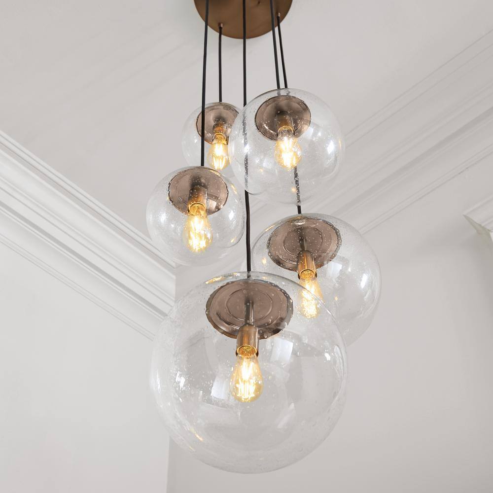 Satin Brass Globe Pendant with Clear Seeded Glass Shade