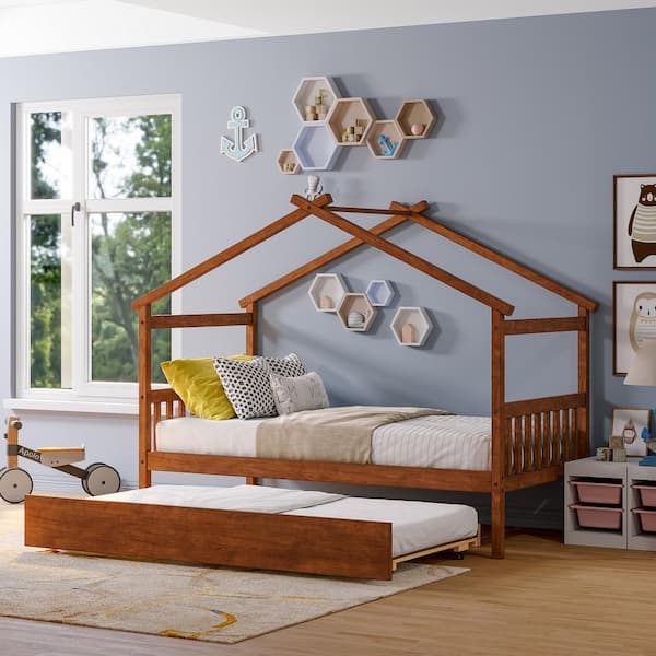 Harper & Bright Designs Walnut Twin Size Wood House Bed Kids Bed with Twin Size Trundle