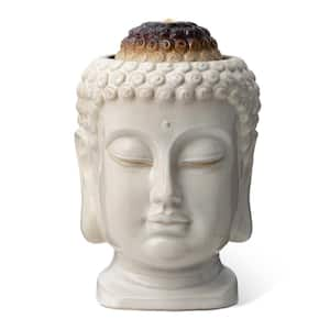 18.75"H Outdoor Zen-Style Buddha Head Sand Beige Textured Glaze Ceramic Tabletop or Floor Fountain with Pump