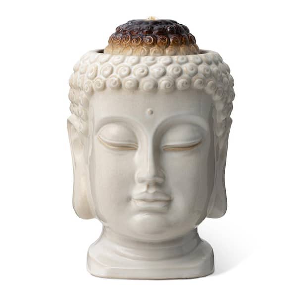 18.75 in. H Outdoor Zen-Style Buddha Head Sand Beige Textured Glaze Ceramic Tabletop or Floor Fountain with Pump