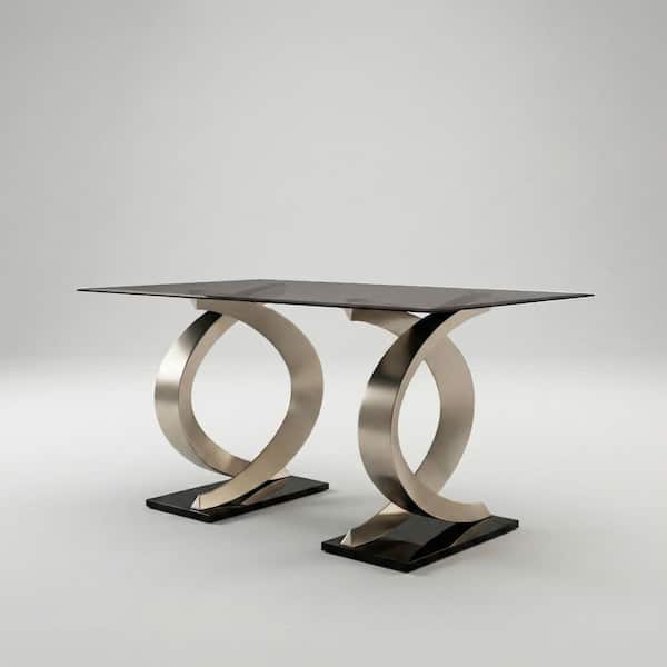 Meiler Gray and Champagne Glass Top 58 in. Double Pedestal Dining Table (Seats 6)