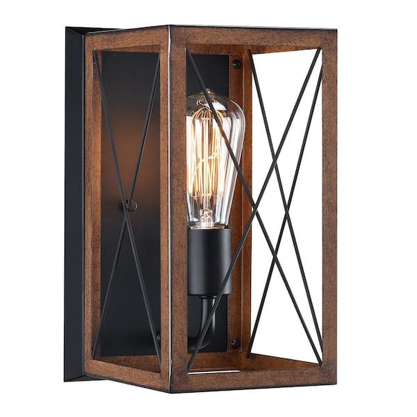 Logmey 13 in. 1- Light Black Rustic Outdoor Wall Mount Lantern Sconce with Clear Glass Shade, No Bulbs Included