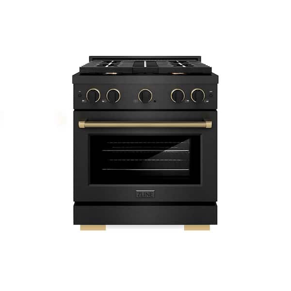 Designer 30 in. 4.2 cu. ft. Dual Fuel Range with 4 Burner Gas Cooktop in Black Satin with Black and Champagne Accents