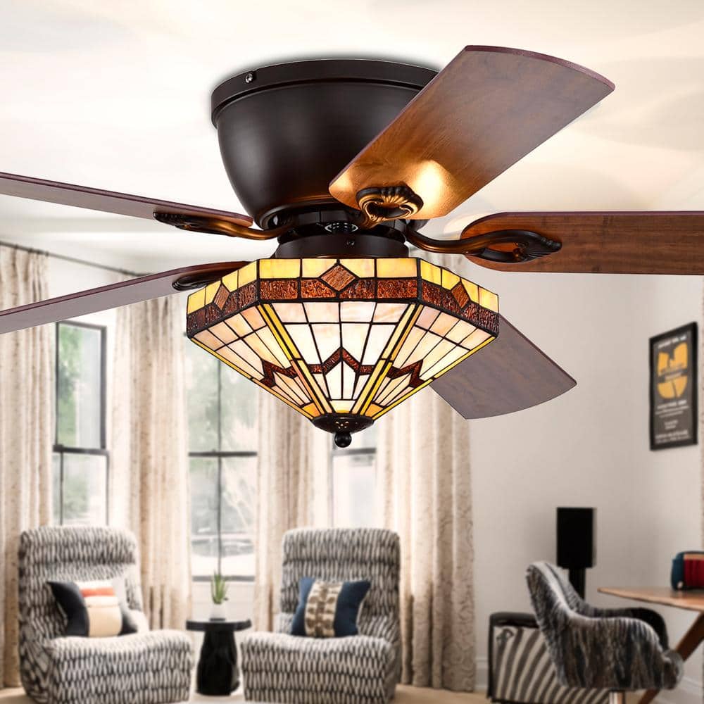 Lymelyn 52-Inch Flushmount Lighted Ceiling Fan Ivory Geometric Tiffany Glass Lamp Black Finish price history on PriceWatchPro
