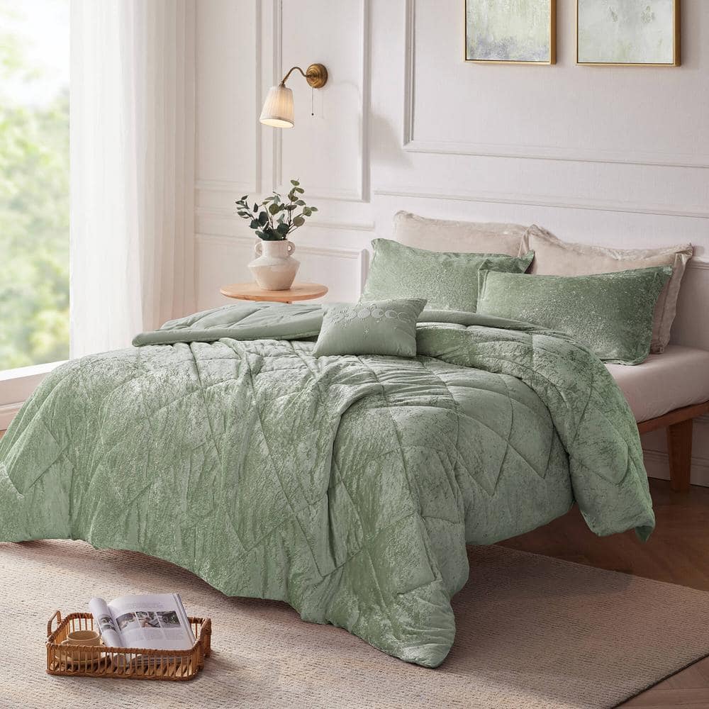 Green Velvet Twin/Twin XL Duvet Cover Set with Decorative Pillow