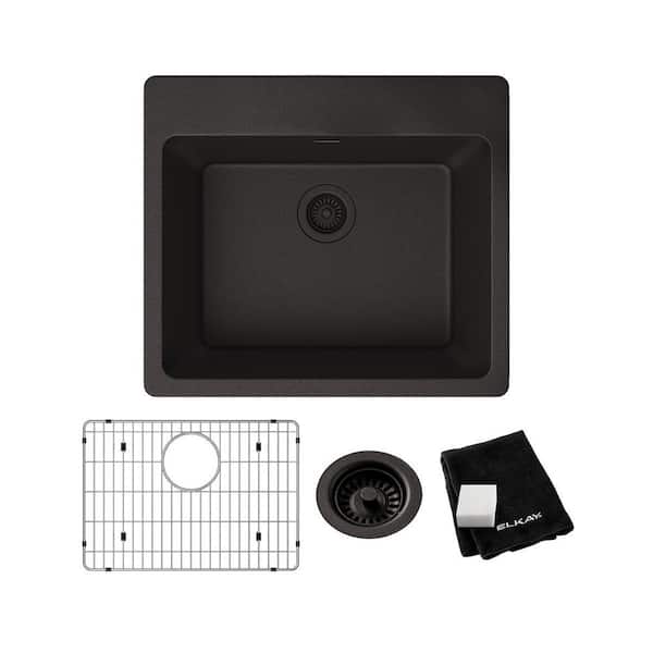 Elkay Quartz Classic Black Quartz 25 in. Single Bowl Drop-In Kitchen Sink with Bottom Grid and Drain