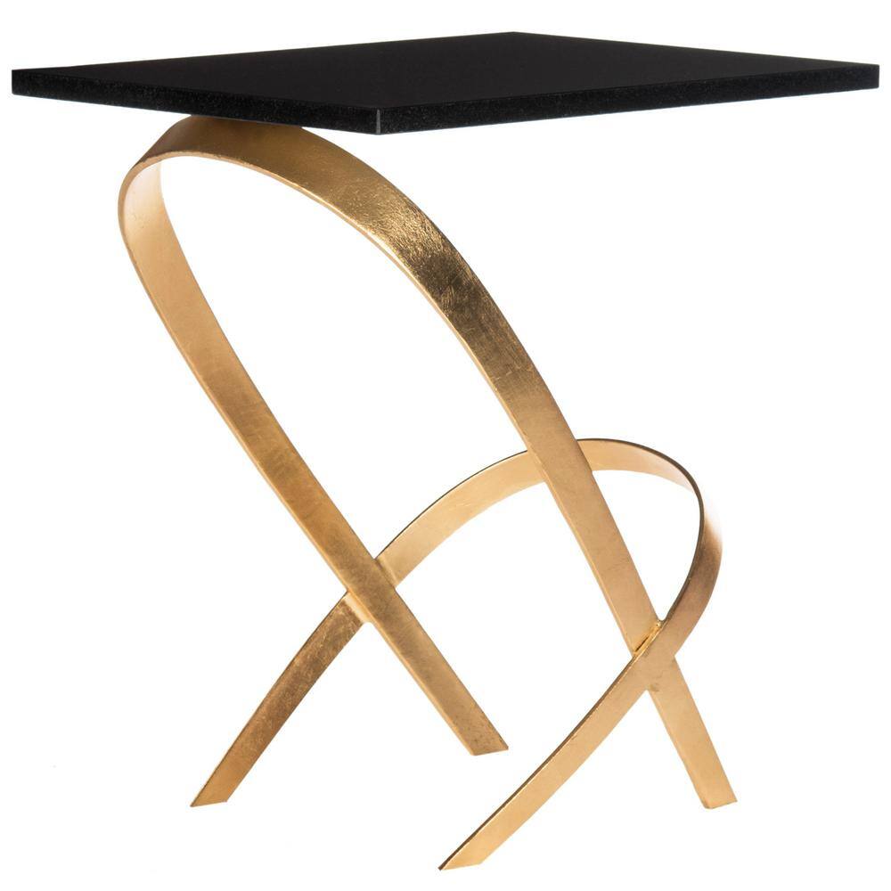 Transitional Black & Gold Leaf Glass Top Rectangular Side Table