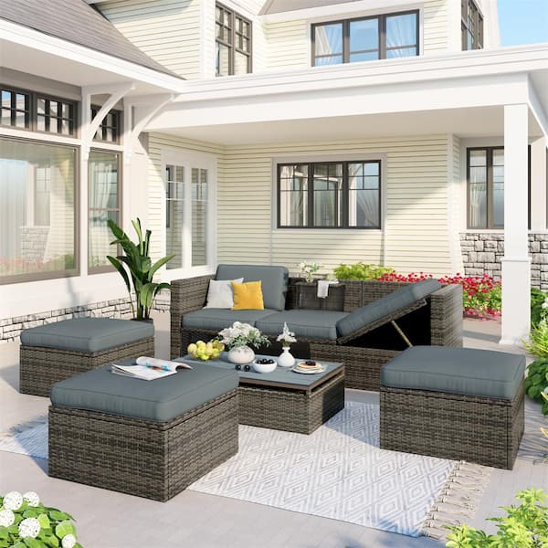 Afoxsos Gray 5-Piece PE Wicker Outdoor Patio Sofa Sectional Set with Adjustable Backrest, Cushions, Ottomans and Coffee Table