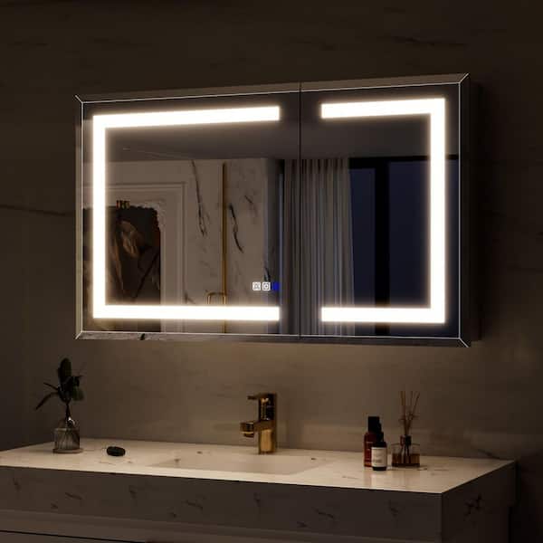 WELLFOR Bevel Edge 40 in. W x 24 in. H Rectangular Aluminum Recessed/Surface Mount LED Medicine Cabinet with Mirror, DTC Hinge