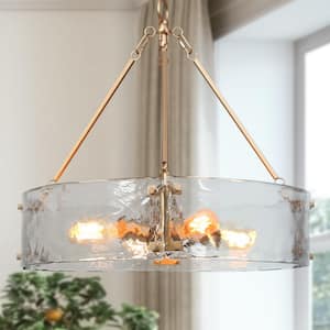 19.5 in. 4-Light Modern Gold Drum Chandelier, Water Glass Kitchen Island Pendant Light, Dining Room Round Chandelier