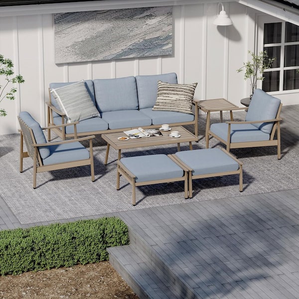 SleekLine 3-Seat Brown Aluminum Outdoor Sofa Couch with Blue Cushions