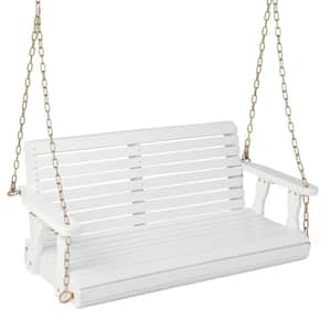 2-Person Wooden Porch Swing Chair Garden Swing Bench w/Adjustable Chains White