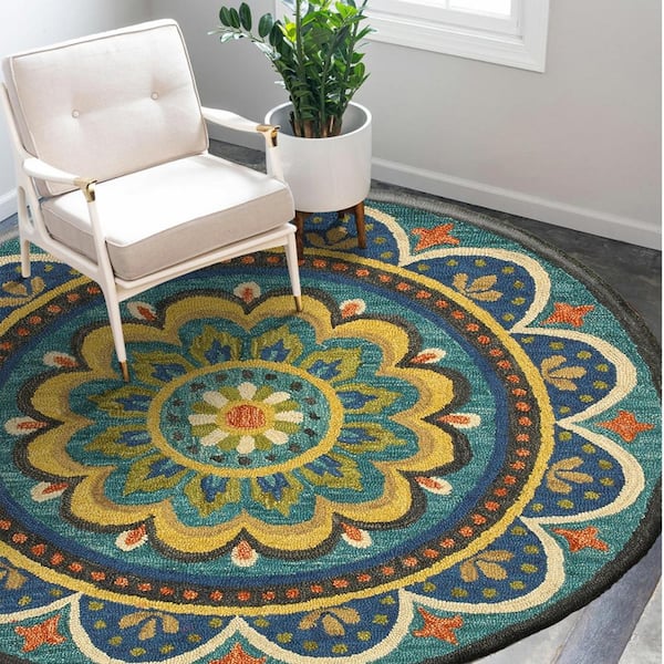 Daliah Mandala Blue Multicolored 6 ft. x 6 ft. Round Geometric Indoor Area Rug