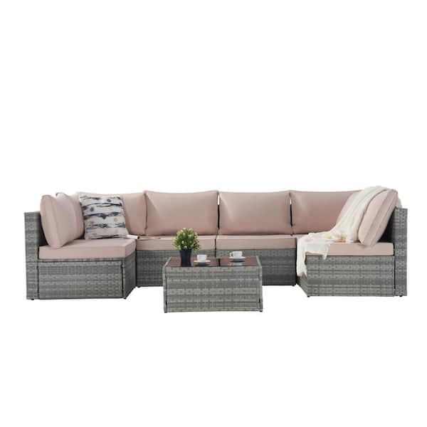 ITOPFOX Luxury 7-Piece Wicker Patio Conversation Set with Pink Cushions, Aluminum Frame, Sofa and Table w/Tempered Glass Set