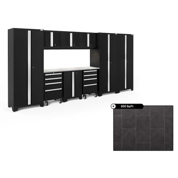 NewAge Products Bold Series 162 in. W x 76.75 in. H x 18 in. D Steel Cabinet Set in Black ( 10- Piece ) with 600 sqft Flooring Bundle