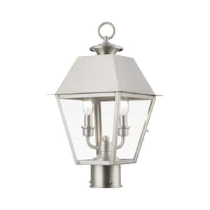 Helmsdale 16.5 in. 2-Light Brushed Nickel Cast Brass Hardwired Outdoor Rust Resistant Post Light with No Bulbs Included