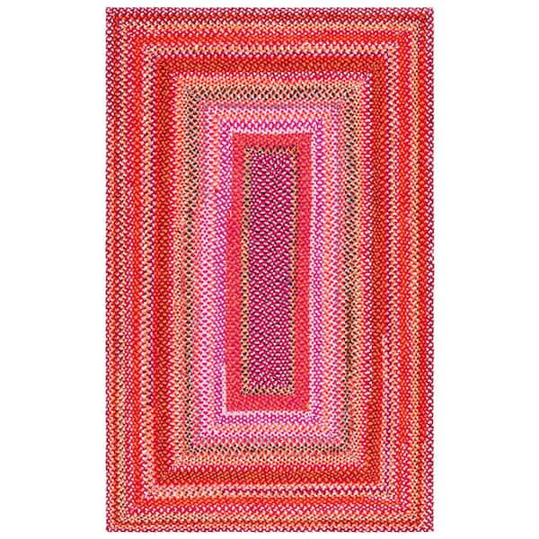 Braided 6 ft. x 9 ft. Red/Orange Striped Geometric Border Area Rug