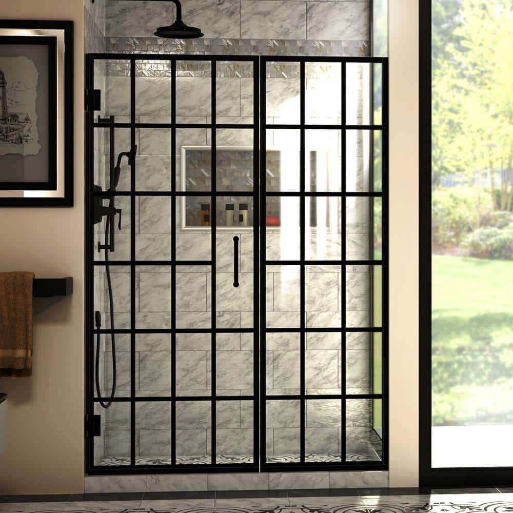 Toulon 52" Black Frameless Hinged Shower Door with Clear Glass