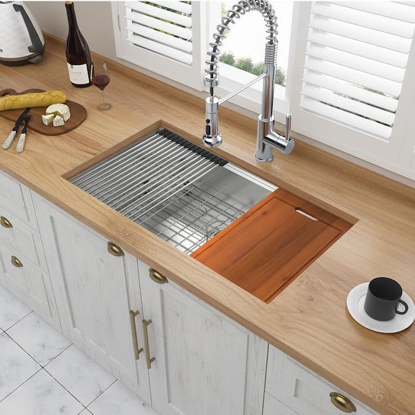 30 in. x 18 in. x 10 in. Undermount Single Bowl 16-Gauge Brushed Nickel Stainless Steel Kitchen Sink with Accessories