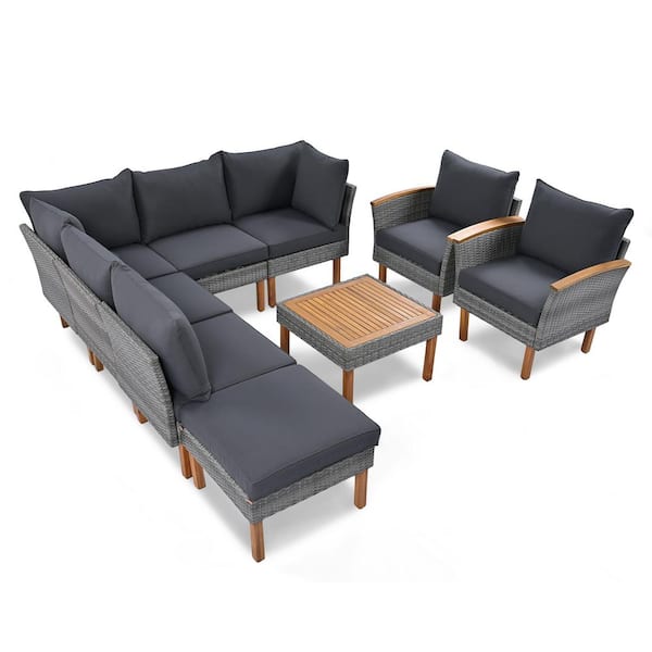 Gray 9-Piece Wicker and Acacia Wood Outdoor Sectional Set with Cushion Guard Gray Ash Cushions
