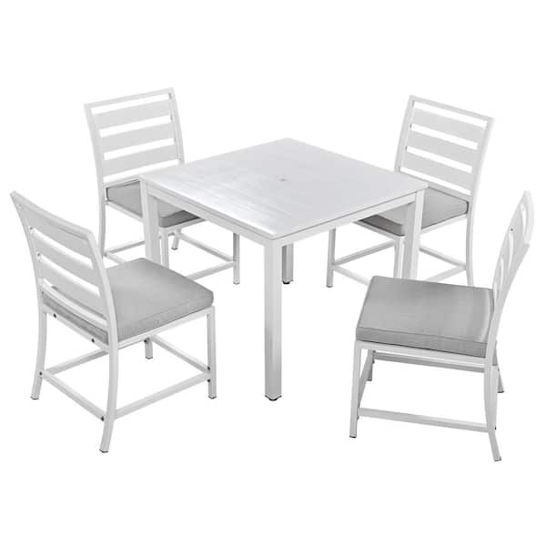 Sudzendf White 5-Piece Metal Outdoor Dining Set with Gray Cushion, 4 Chair + 1 Table
