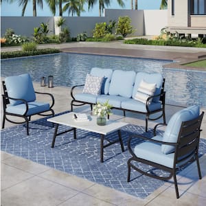 Metal Slatted 5 Seat 4-Piece Outdoor Patio Conversation Set With Blue Cushions, Table With Marble Pattern Top