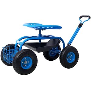 Ami Blue Steel Rolling Garden Cart with Extendable Steering Handle, Swivel Seat and Basket