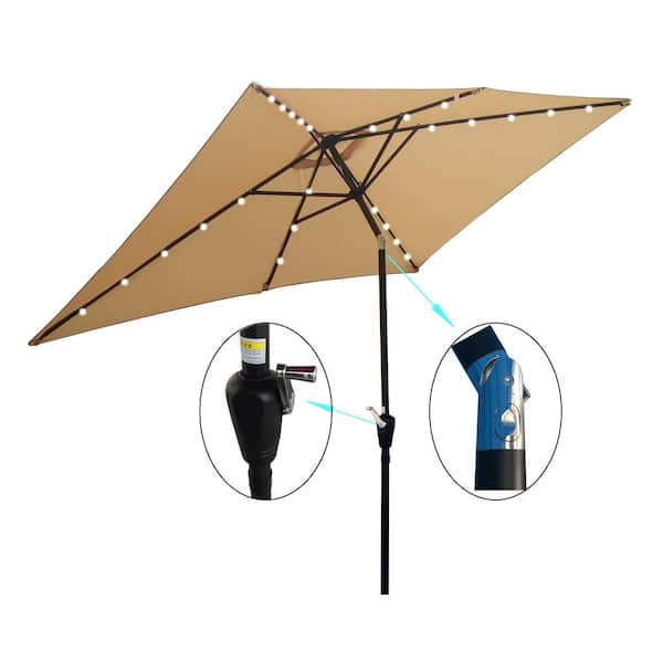 10 ft. Rectangular Patio Umbrella, Patio Solar LED Lighted Outdoor Market Umbrellas with Crank Tilt in Tan