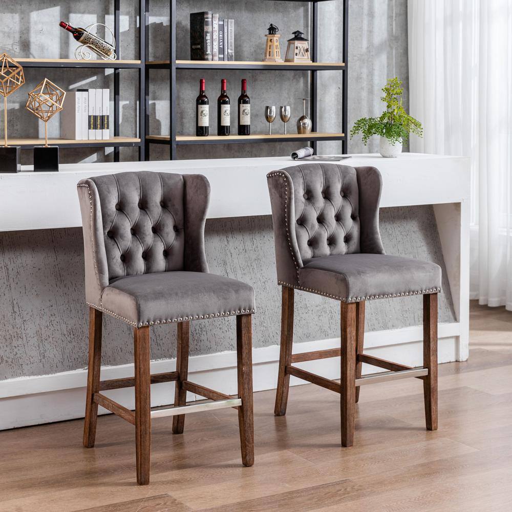 GOJANE Gray Upholstered Bar Stools with Wingback and NailheadTrim