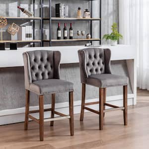 Gray Upholstered Bar Stools with Wingback and Nailhead-Trim & Tufted Back, Wood Legs, Set of 2
