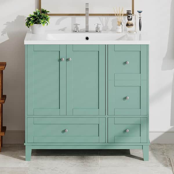 Staykiwi 36 in. W. x 18 in. D x 34 in. H Freestanding Bath Vanity in Green with White Cultured Marble Top