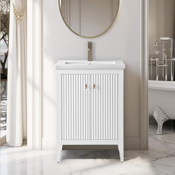 24 in. W x 18.5 in D x 34 in. H Single Sink Bath Vanity Cabinet in Linear White with Ceramic Top