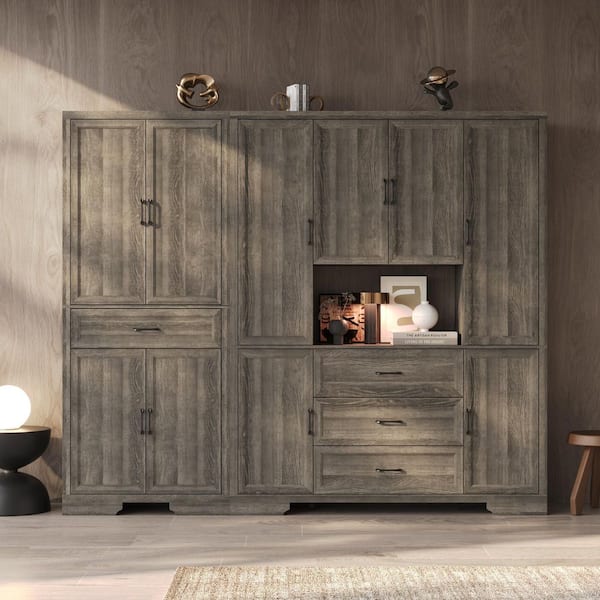 FUFU&GAGA 78.7 in. Tall Gray Oak Wood 18-Shelf Contemporary Bookcase with Storage Drawers, Anti-Tip Kit and Cable Management