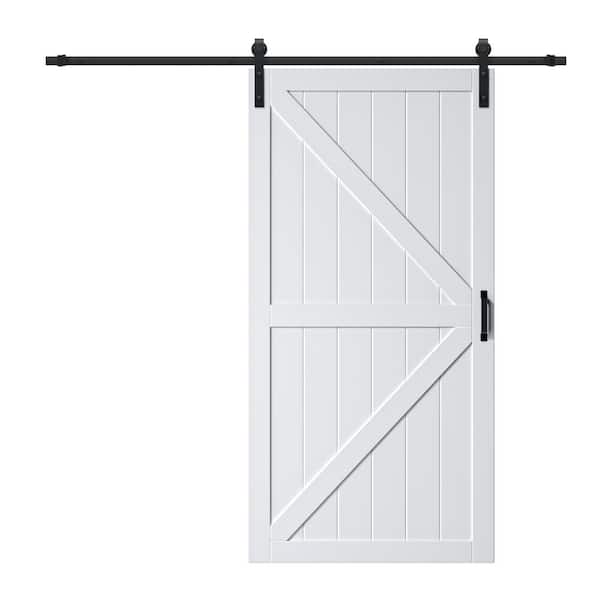 ARK DESIGN 42 in. x 84 in. Paneled Off White Primed MDF British K Shape MDF Sliding Barn Door with Hardware Kit and Soft Close