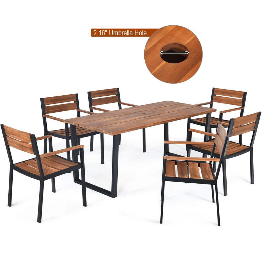 6-Person Brown Acacia Wood and Steel Outdoor Dining Set