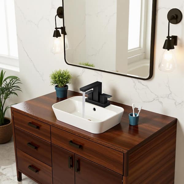 Waterfall 4 in. Centerset Double Handle Low Arc Bathroom Faucet with Drain in Matte Black