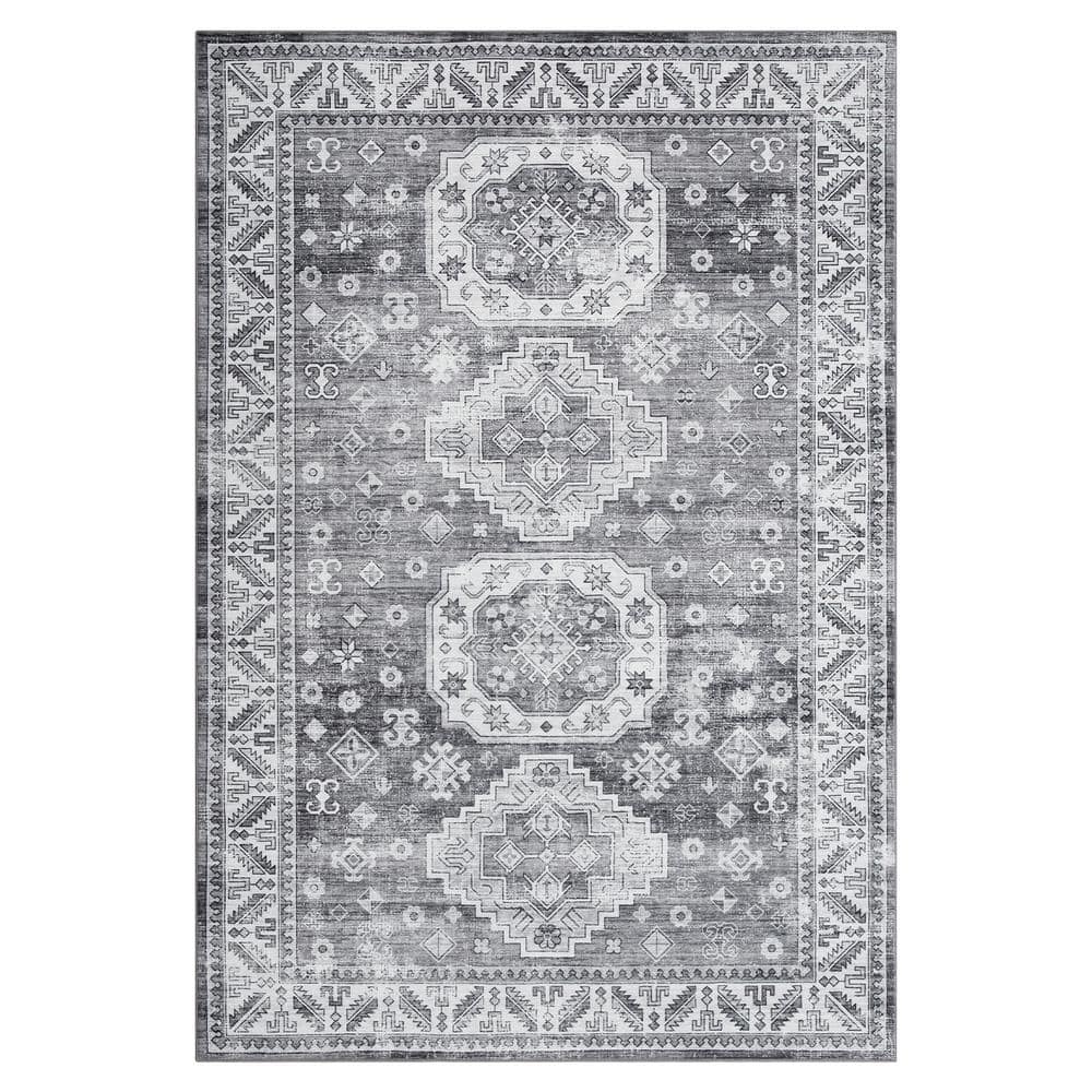 GlowSol Grey 5 ft. x 7 ft. Vintage Geometric Tribal Machine Washable Area Rug, Gray