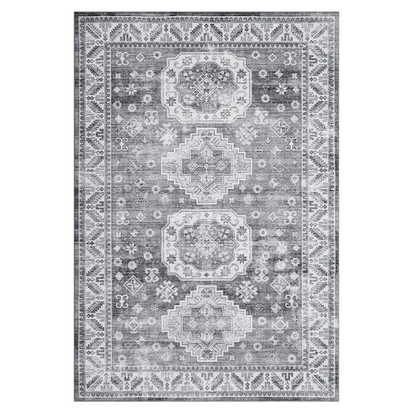 Garvee Grey 4 ft. x 6 ft. Vintage Geometric Tribal Machine Washable Area Rug