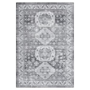 Grey 5 ft. x 7 ft. Vintage Geometric Tribal Machine Washable Area Rug