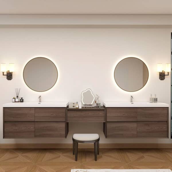 Kingdee 123 in. W x 20 in. D x 26 in. H Double Sink Middle Table Counter Bath Vanity in Red Oak with White Acrylic Top