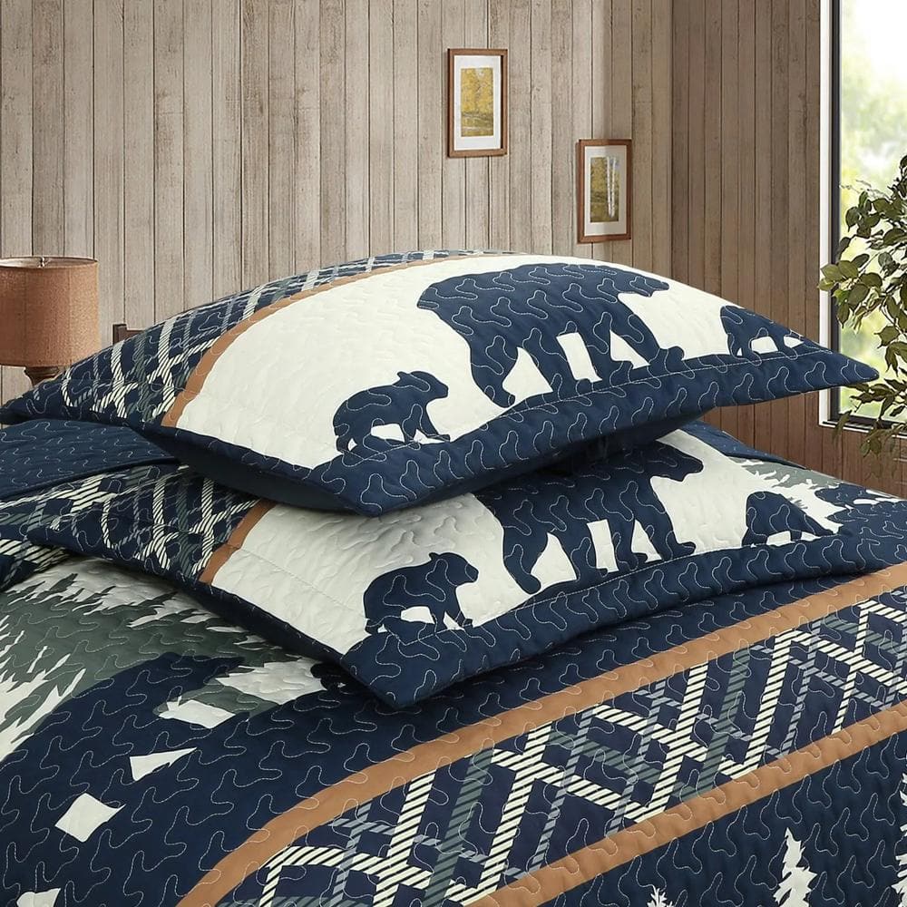 King Blue Reversible Rustic Lodge Quilt Set
