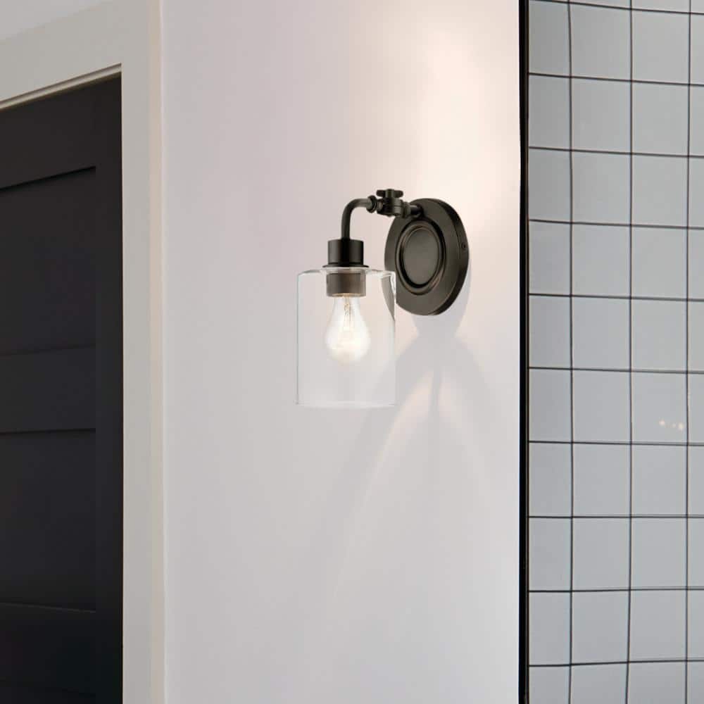 Black Steel Cylinder Wall Sconce with Clear Seeded Glass Shade