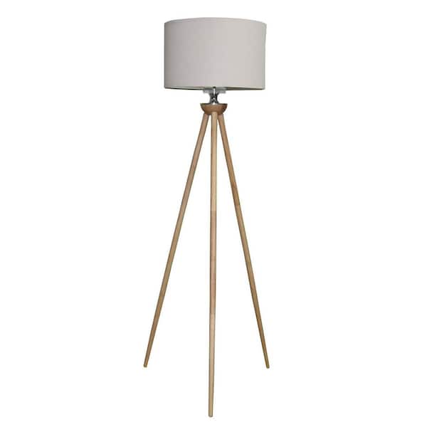 58.27 in. Brown 1-Light Tripod Floor Lamp for Living Room with Beige Linen Drum Shade, E26 Bulb Not Included