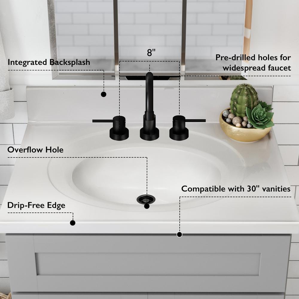 Solid White Cultured Marble 31-Inch Vanity Top with Backsplash