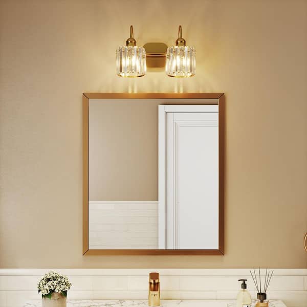 Merrin 14.3 in. 2-Light Brushed Gold Bathroom Vanity Light with Crystal Shades