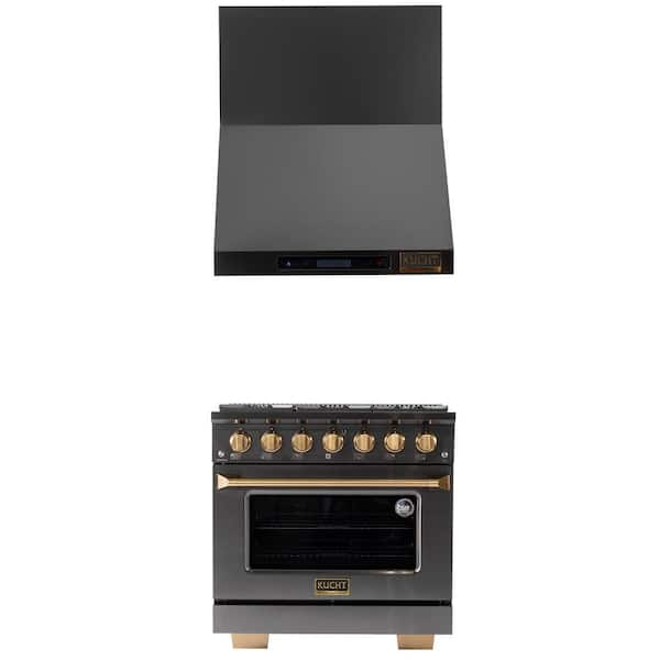 Kucht Gemstone 36 in. 5.2 cu. ft. 6-Burners Dual Fuel Range Propane Gas & Wall Mount Range Hood in Titanium Stainless Steel