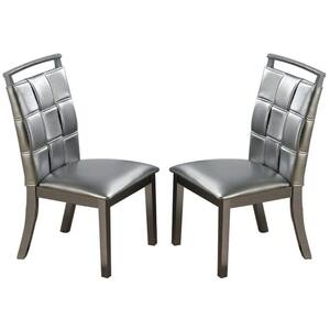 Silver Vegan Faux Leather Overlapping Square Pattern Dining Chair (Set of 2)
