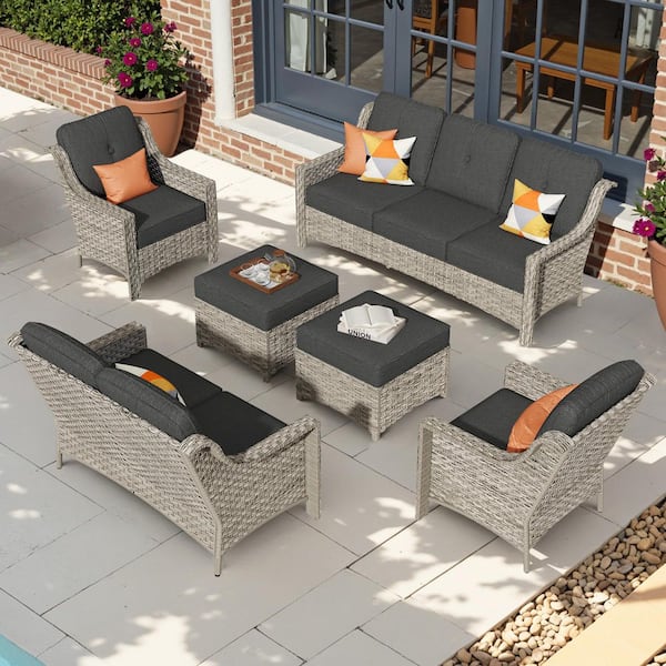 Tulip G Gray 6-Piece Wicker Patio Outdoor Conversation Sofa Set with Ottoman and Black Cushions