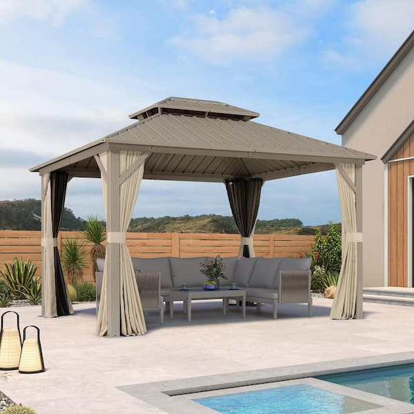 10 ft. x 12 ft. Champagne Aluminum Hardtop Gazebo Canopy with Galvanized Steel Double Roof, Curtains and Netting